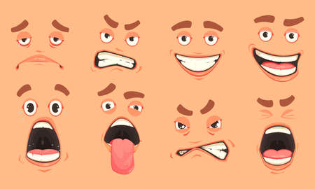 Men cute mouth eyes facial expressions gestures of surprise fear disgust sadness pleasure cartoon set vector illustrationのイラスト素材