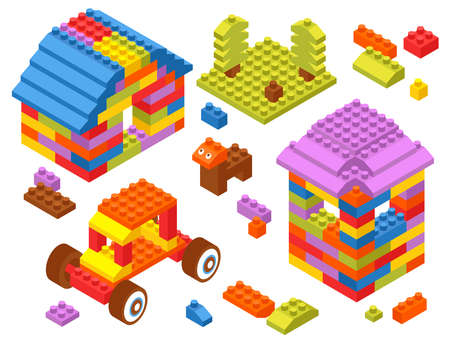 Children toy constructor isometric composition with tractor tower house dog from colorful building bricks blocks vector illustrationのイラスト素材