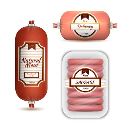 Colored realistic set of package identity meet products sausages and delicacy on white background isolated vector illustrationのイラスト素材