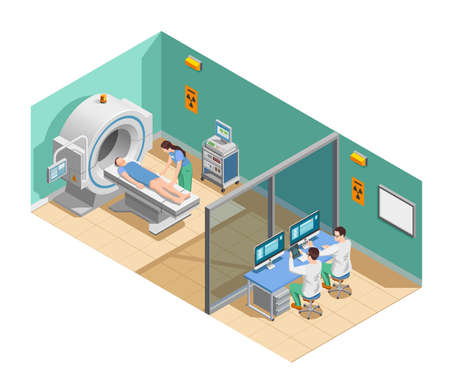 Medical examination with mri scanner, patient and doctors, isometric composition with interior elements vector illustrationのイラスト素材