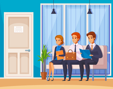 Recruitment hiring hunting hr cartoon characters composition with human characters of job candidates waiting in office lobby vector illustrationのイラスト素材