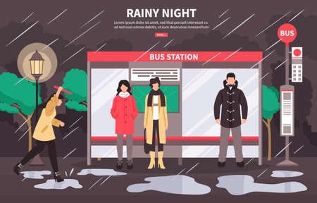 Bad weather transportation web page poster with people waiting at bus stop on rainy night vector illustrationのイラスト素材