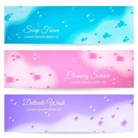 Delicate wash horizontal banners with soap foam on blue pink and purple backgrounds realistic vector illustrationのイラスト素材