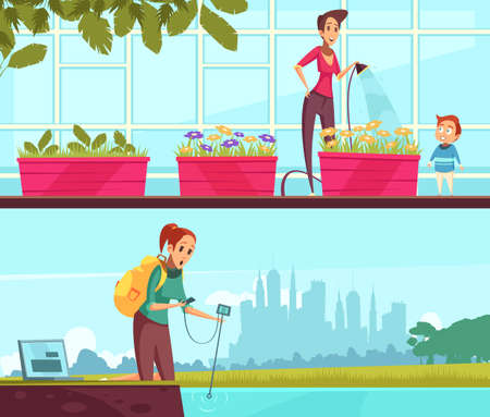 Eco volunteering cartoon horizontal banners, growing of flowers, water testing in pond or river isolated vector illustrationのイラスト素材