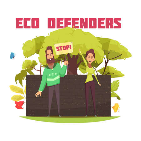 Eco defenders during protest action on dark brick wall background with forest elements cartoon composition vector illustrationのイラスト素材