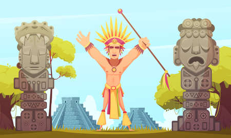 Maya man performing ritual on background with teotihuacan pyramids cartoon vector illustrationのイラスト素材