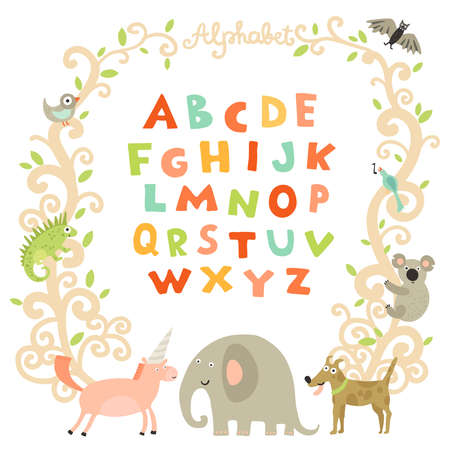 Complete children alphabet preschool abc book page with attractive colorful font and funny animals frame vector illustrationのイラスト素材