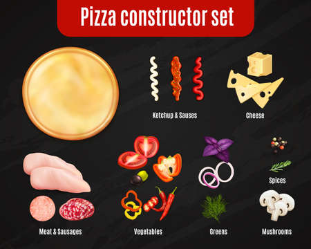 Pizza constructor realistic set on black background with dough and ingredients for topping isolated vector illustrationのイラスト素材