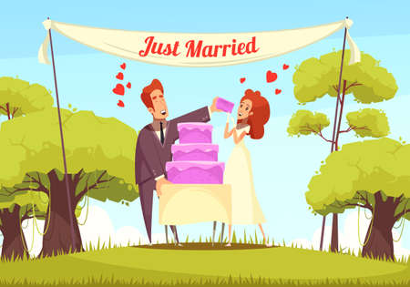 Cheerful just married persons eating bridal cake at outdoor cartoon vector illustrationのイラスト素材