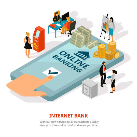 Online banking service isometric advertisement poster with cash on smartphone screen financial adviser safety symbols vector illustrationのイラスト素材