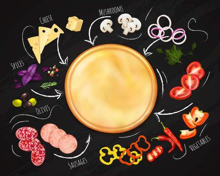 Pizza constructor realistic composition with dough and ingredients on black chalk board background vector illustrationのイラスト素材