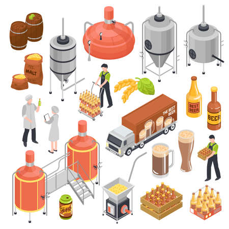 Brewery isometric elements set with barley grain hops malting boiling fermentation bottling aging transportation isolated vector illustrationのイラスト素材