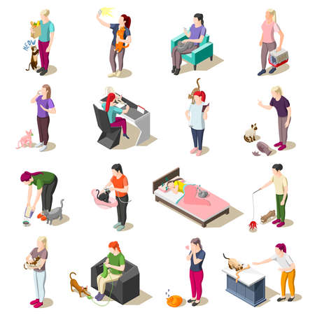 Ordinary life of man and his cat set of isometric icons isolated vector illustrationのイラスト素材