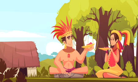 Man and woman from maya family wearing traditional costumes eating outdoors near their hut cartoon background vector illustrationのイラスト素材