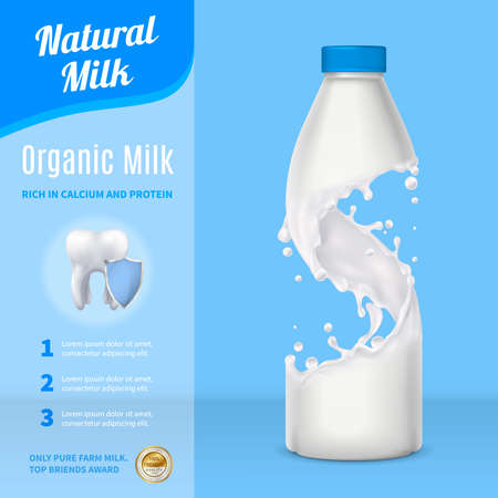 Natural milk advertising realistic composition with plastic bottle and carton pack on blue background vector illustrationのイラスト素材