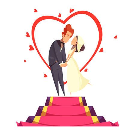 Newlyweds during bridal kiss on pedestal with red carpet and decoration from hearts cartoon composition vector illustrationのイラスト素材