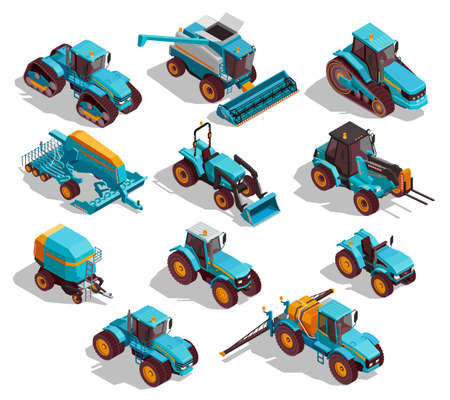 Agricultural machines isometric icons set with tractor and sprayer isolated vector illustrationのイラスト素材