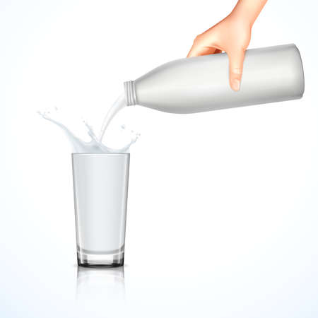 Pouring of milk with splashes into glass from plastic bottle on white background realistic vector illustrationのイラスト素材