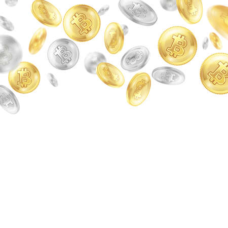 Crypto currency, flying golden and silver coins, virtual money on white background, realistic vector illustrationのイラスト素材