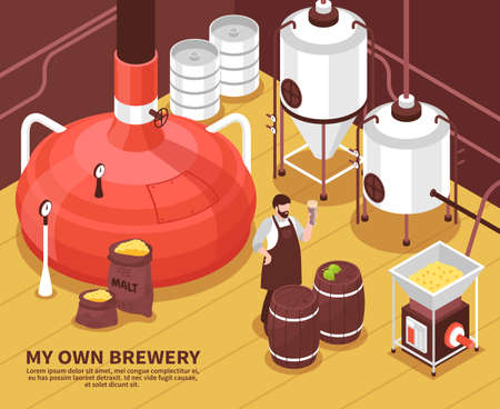 One-man brewery facility with barley sacks malting heating fermentation equipment and proud owner isometric vector illustrationのイラスト素材