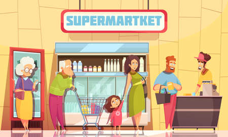 Supermarket shoppers queue characters poster with young family and old people waiting at cashier desk vector illustrationのイラスト素材