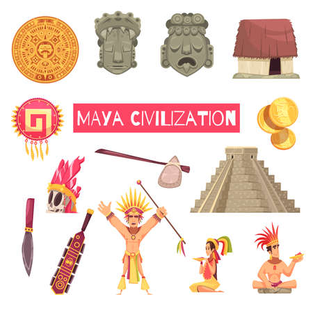Maya civilization set of ancient masks accessories buildings and people isolated on white background cartoon vector illustrationのイラスト素材