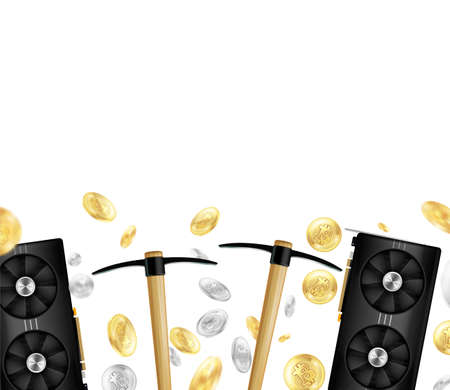 Crypto currency mining, computer hardware, flying golden and silver coins on white background realistic vector illustrationのイラスト素材