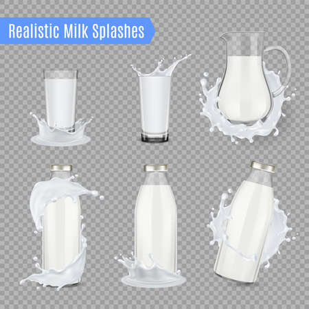 Milk splashes transparent set of jug bottles and beakers made of glass and full of milk realistic vector illustrationのイラスト素材