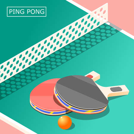 Table tennis isometric background with sports equipment including table, rackets with ball and net vector illustrationのイラスト素材