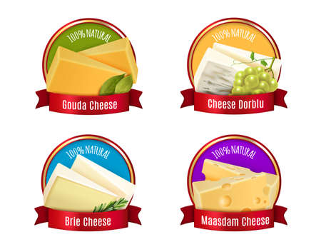 Set of labels with realistic cheese, red ribbons, spices and branch of white grape isolated vector illustrationのイラスト素材
