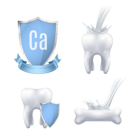 Calcium protection realistic icons collection for advertising medical production used for healthy teeth and bones isolated vector illustrationのイラスト素材