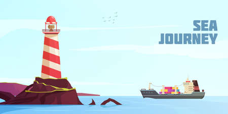 Nautical background with cargo ship and lighthouse cartoon vector illustrationのイラスト素材