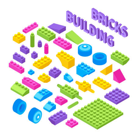 Children toy constructor isometric blocks set with colorful plastic building bricks wheels pieces components isolated vector illustrationのイラスト素材