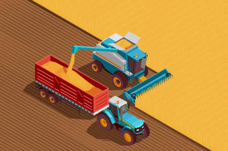 Agricultural machines isometric background with grain and harvest symbols vector illustrationのイラスト素材