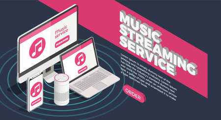 Music industry isometric poster with streaming service symbols vector illustrationのイラスト素材