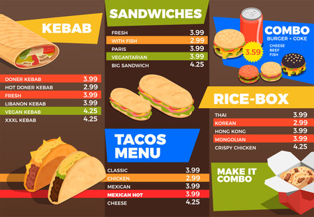 Street food menu composition with sandwiches and fast food symbols isometric vector illustrationのイラスト素材