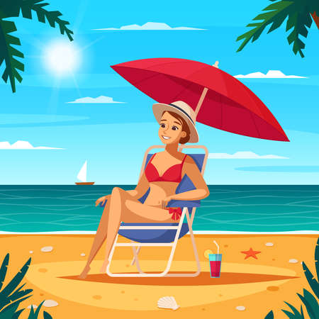 Travel agency cartoon poster with girl in swimsuit sitting in sun lounger under red umbrella at ocean background vector illustrationのイラスト素材