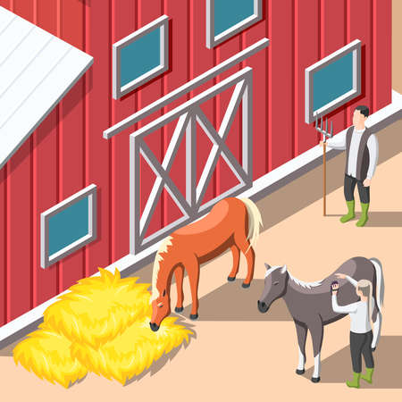 Horse breeding Isometric background with staff caring for horses and supplying hay forage in stable interior vector illustrationのイラスト素材
