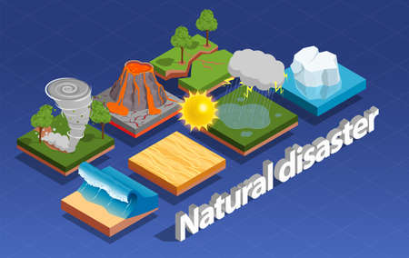 Natural disaster isometric composition with volcano eruption and tornado isolated vector illustrationのイラスト素材