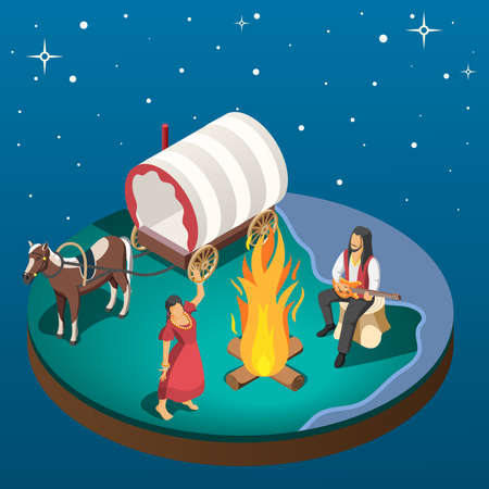 Gypsy overnight stay composition with gypsies dancing around campfire near horse harnessed to wagon isometric vector illustrationのイラスト素材