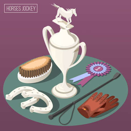 Equestrian sport isometric composition with winner cup horseshoe comb and jockey  accessories vector illustrationのイラスト素材