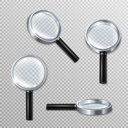 Set of realistic magnifying glasses with metal rim and black handle on transparent background isolated vector illustrationのイラスト素材