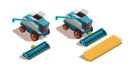 Agricultural machines isometric set with harvest and transportation symbols isolated vector illustrationのイラスト素材