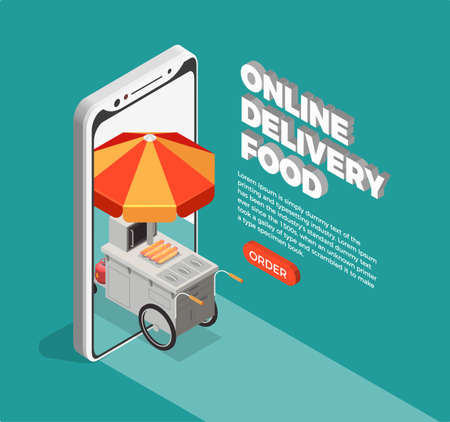 Street food delivery concept with online fast food order symbols isometric vector illustrationのイラスト素材