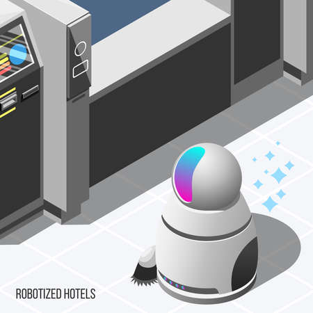 Robotized hotels isometric background with modern robotic cleaner and automatic machines used in hotel service vector illustrationのイラスト素材