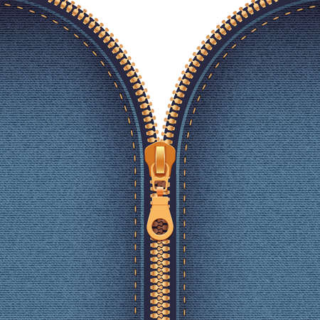Half closed gold metallic zipper sewing to dark blue fabric abstract background realistic vector illustrationのイラスト素材