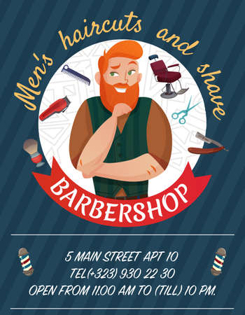 Barber shop cartoon advertising poster on dark background with master and work tools vector illustrationのイラスト素材