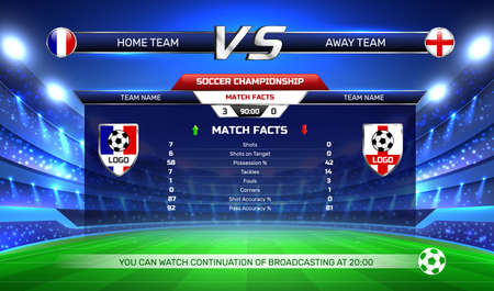 Broadcast of soccer championship, game result and statistics at screen on football stadium background vector illustrationのイラスト素材