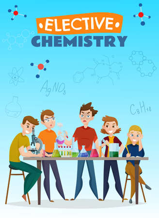 Elective chemistry cartoon poster, school students during lab experiment on blue background with formulas vector illustrationのイラスト素材