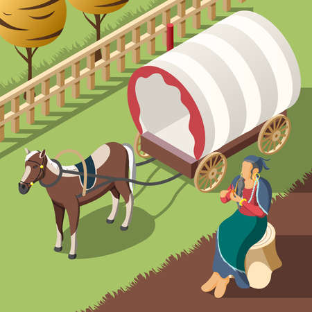 Gypsy customs isometric background with horse harnessed to wagon and romany woman sitting on stump vector illustrationのイラスト素材